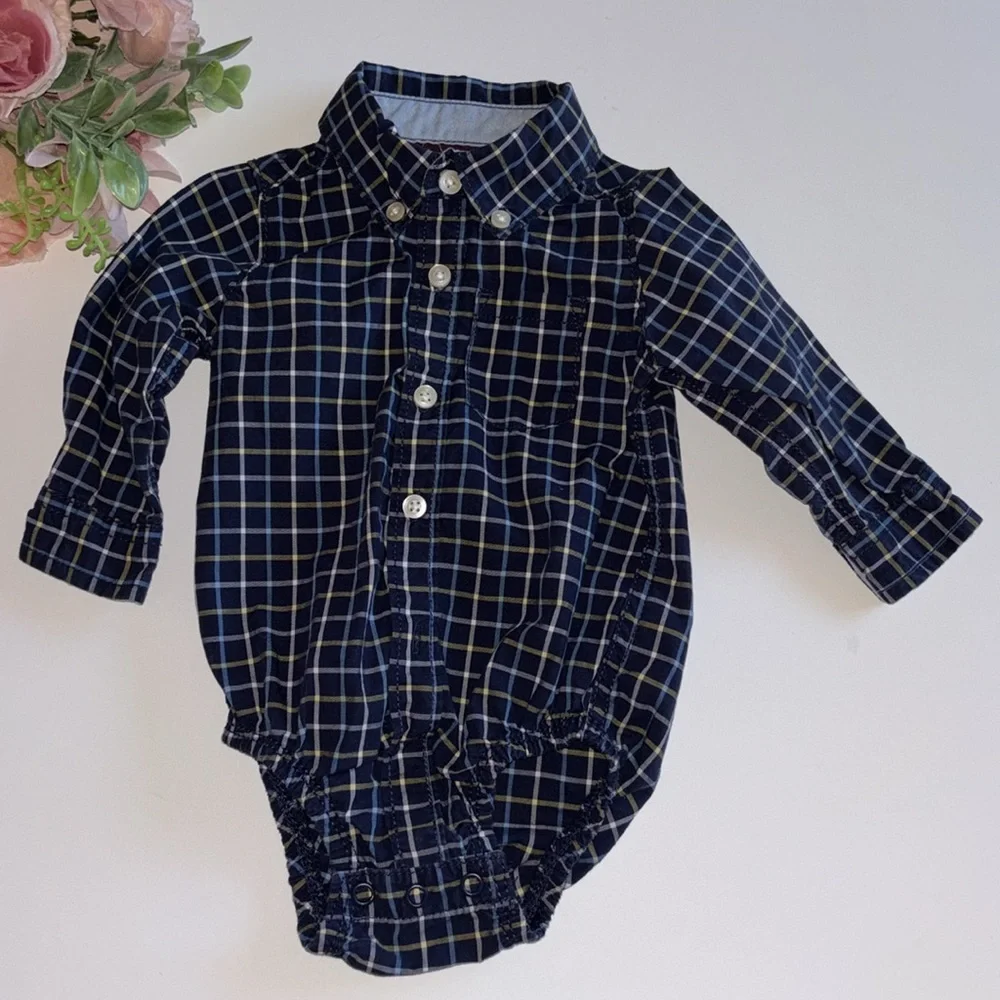 Baby Blue Plaid Carters Button Down 3M Shirt Onesie Baby Boy Blue Long Sleeve